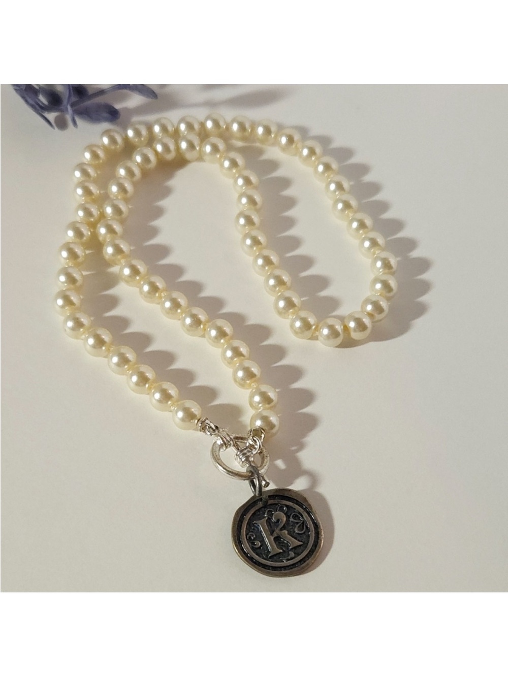 Hand Knotted 18” Faux Pearl Necklace with 'K' Charm Silver Toggle Closure - Picture 2 of 8